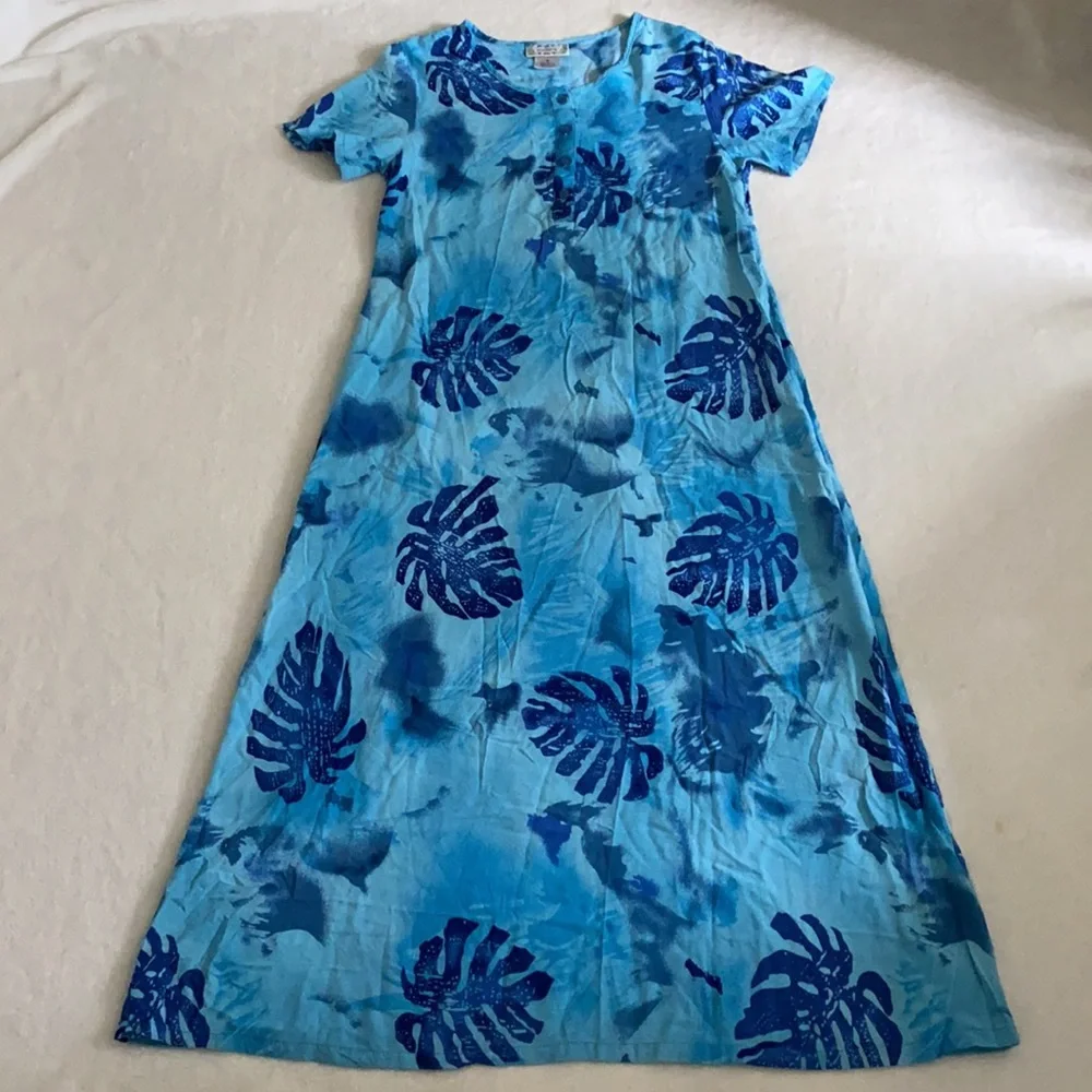 {VTG} Desert Shores | Tropical Palm Tree Leaf Print Short Sleeve Midi Dress Blue - Picture 15 of 15